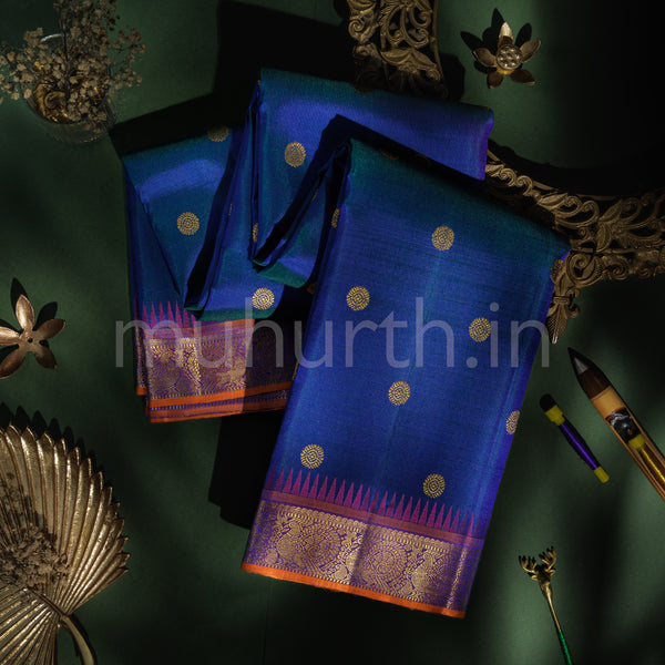 Peacock Blue Pure Kanjivaram Silk Saree with Magenta