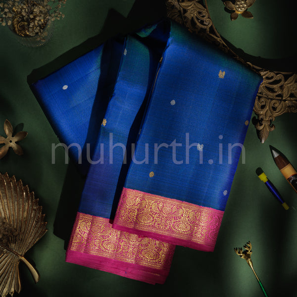 Peacock Blue Pure Kanjivaram Silk Saree with Rose