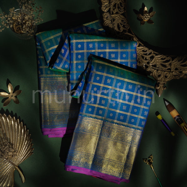 Peacock Blue Muthu-Kattam Pure Zari Kanjivaram Silk Saree