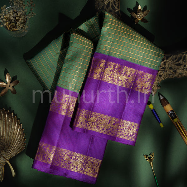 Green Veldhari Pure Zari Kanjivaram Silk Saree with Magenta