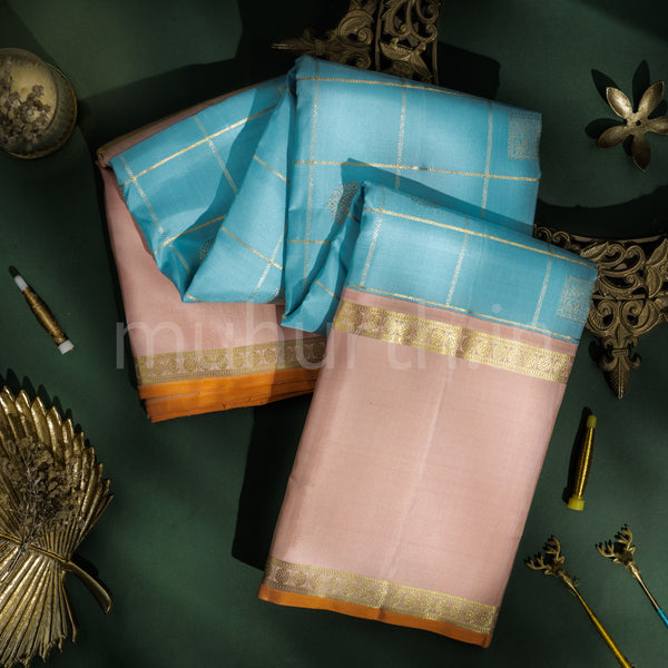 Powder Blue Pure Zari Kanjivaram Silk Saree with Light Peach