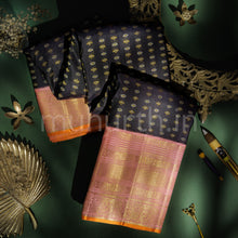 Load image into Gallery viewer, Black Pure Kanjivaram Silk Saree with Peach
