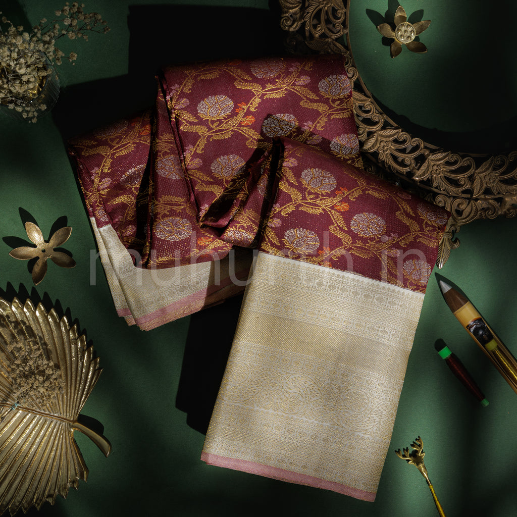 Pakku Pure Meenakari Kanjivaram Silk Saree with Off-White