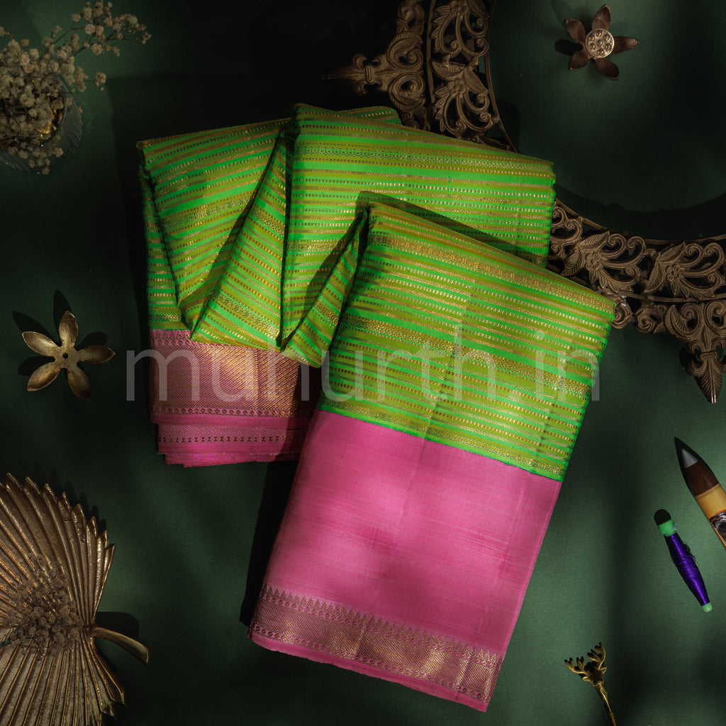 Tiratchai Green Kanjivaram Silk Saree with Rani Rose