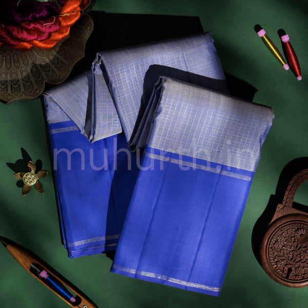 Grey Pure Kanjivaram Silk Saree with Ananda Blue