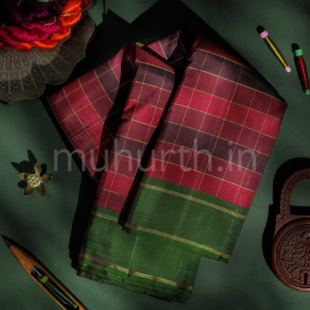Arakku Black Checks Pure Kanjivaram Silk Saree with Green