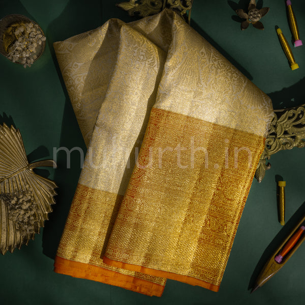 Off-White Golden Tissue Pure Kanjivaram Silk Saree with Bright Red