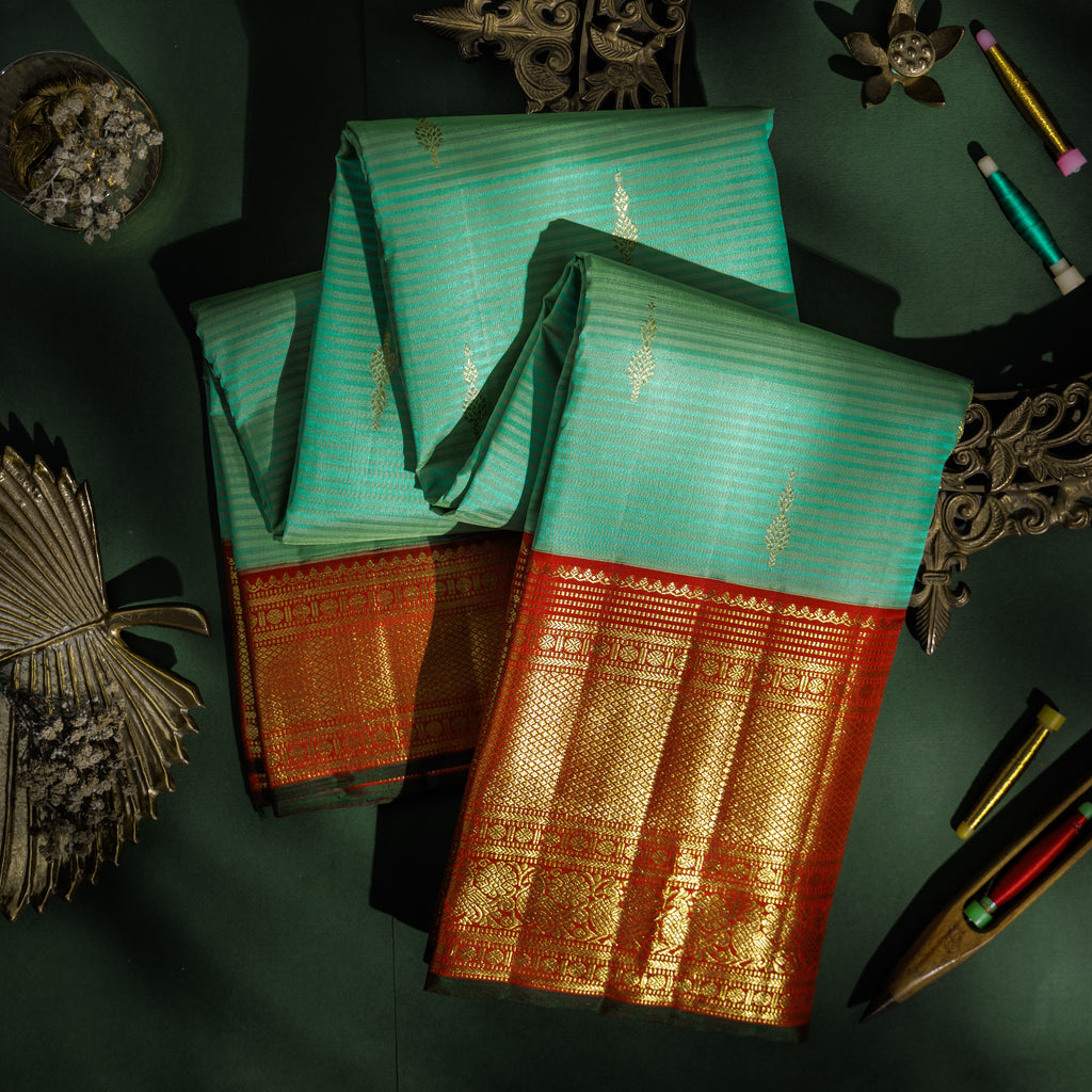 Sea Green Pure Kanjivaram Silk Saree with Red