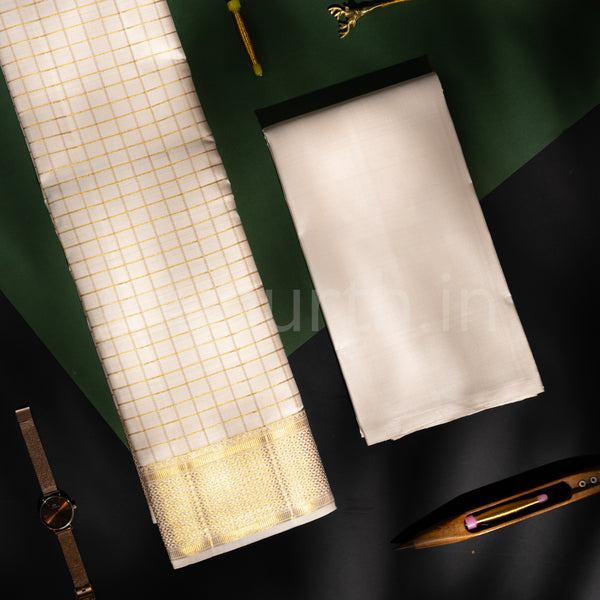Premium Off-White Checks Pure Silk Dhoti with Angavastram