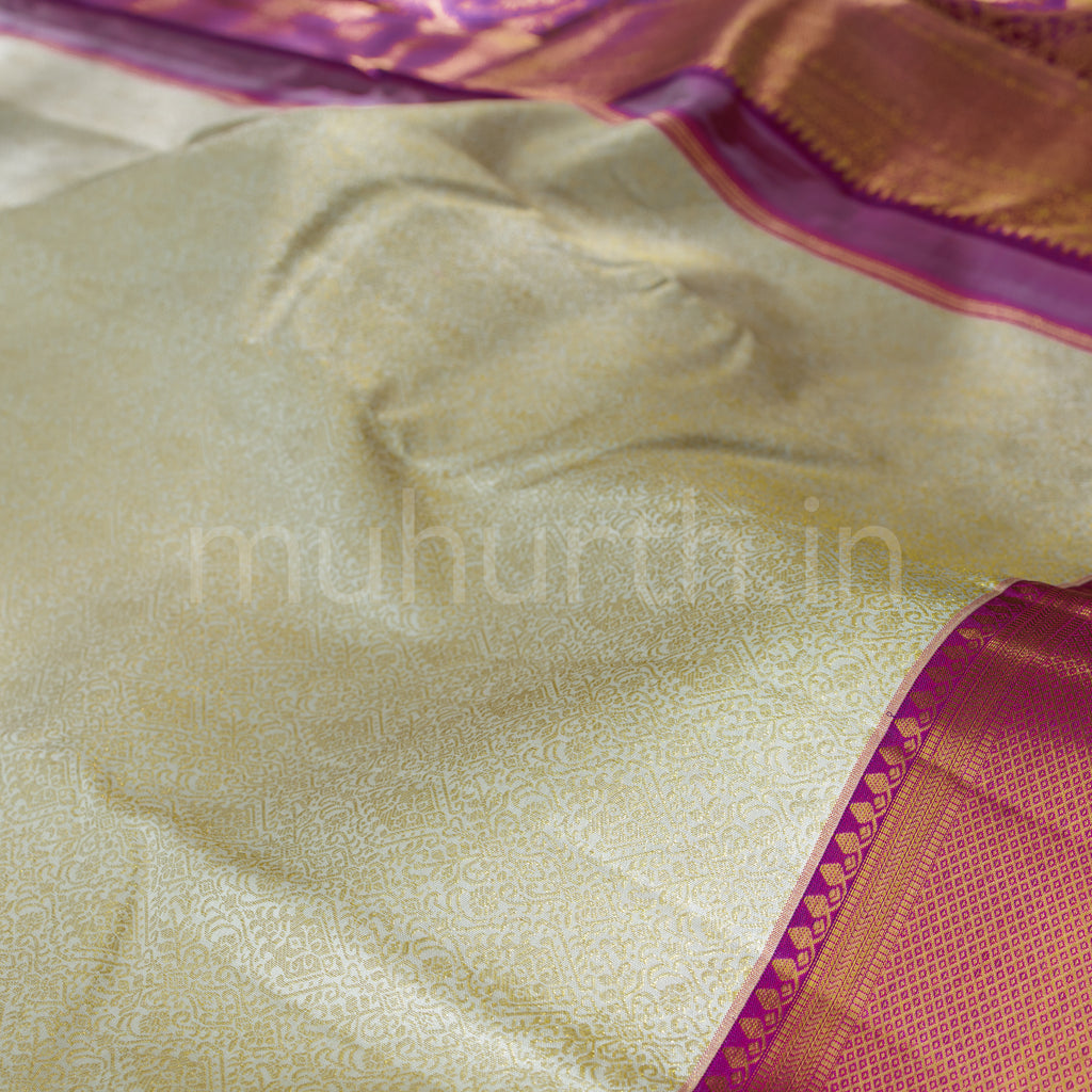 Off-White Pure Kanjivaram Silk Saree with Deep Magenta