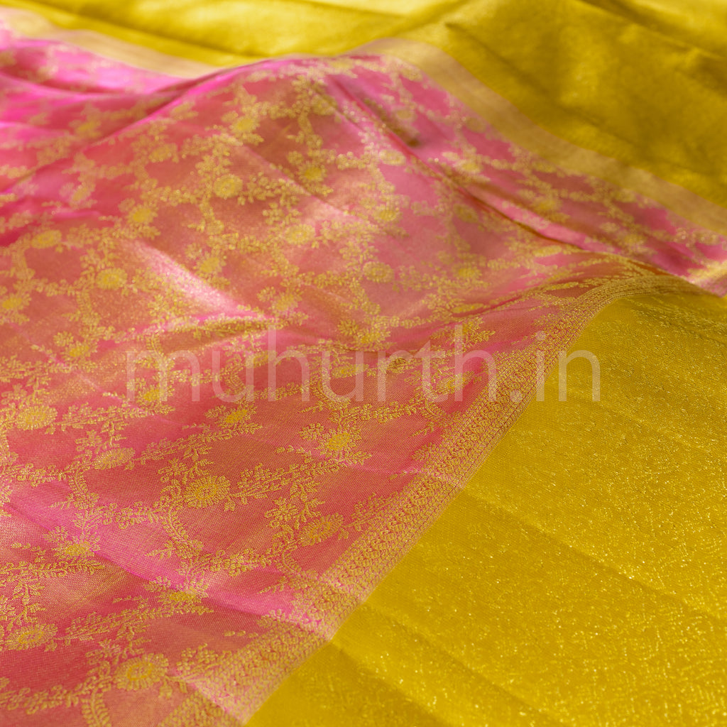 Pink Pure Kanjivaram Silk Saree with Golden Mustard