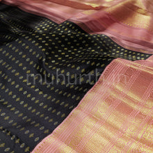 Load image into Gallery viewer, Black Pure Kanjivaram Silk Saree with Peach