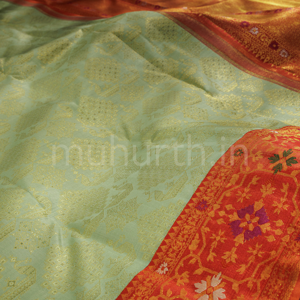 Pistachio Green Meenakari Pure Kanjivaram Silk Saree with Light Red