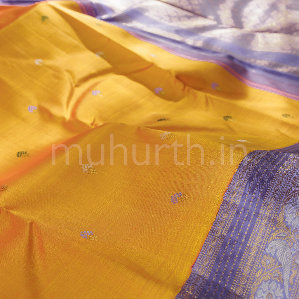 Mango Yellow Pure Kanjivaram Silk Saree with Lavender