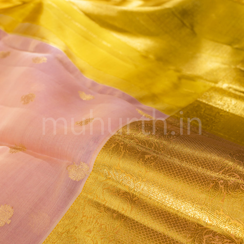 Peach Sheer Organza Kanjivaram Silk Saree with Mustard