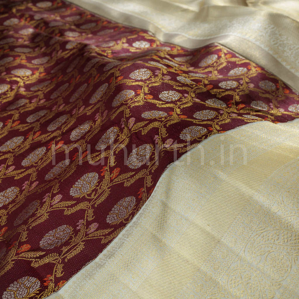 Pakku Pure Meenakari Kanjivaram Silk Saree with Off-White