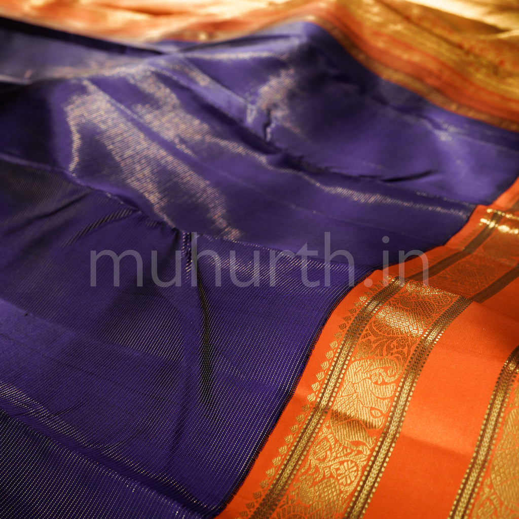 Violet Pure Kanjivaram Silk Saree with Orange