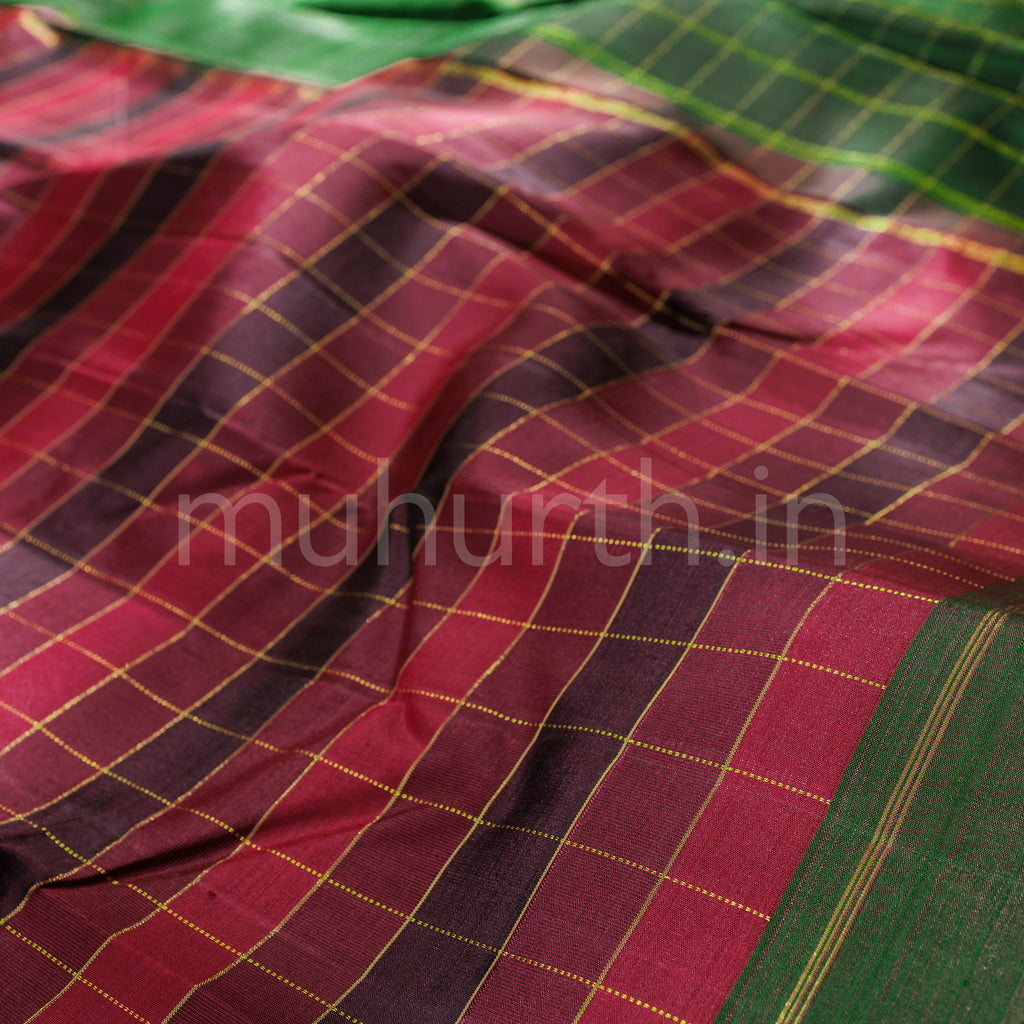 Arakku Black Checks Pure Kanjivaram Silk Saree with Green