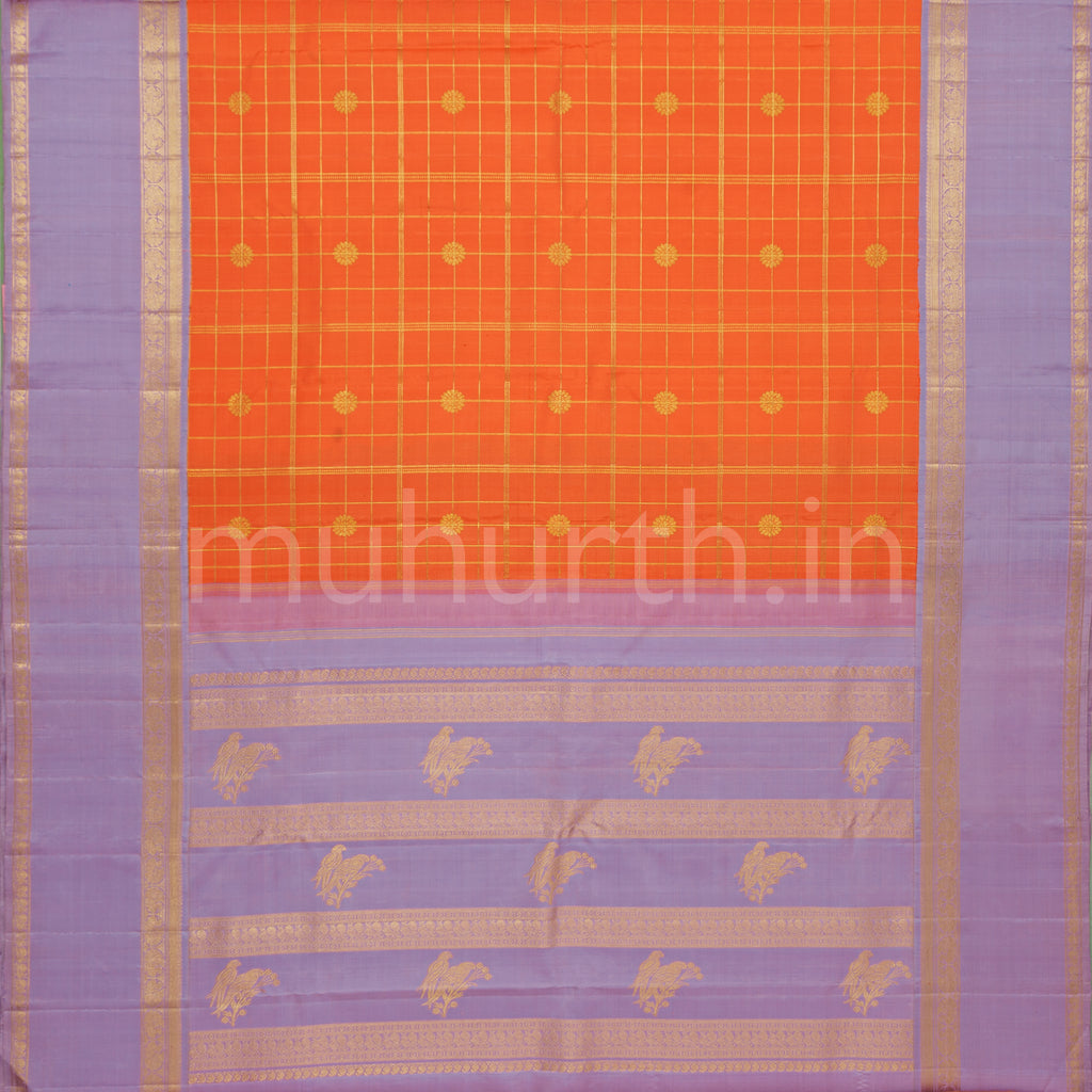 Orange Pure Kanjivaram Silk Saree with Lavender