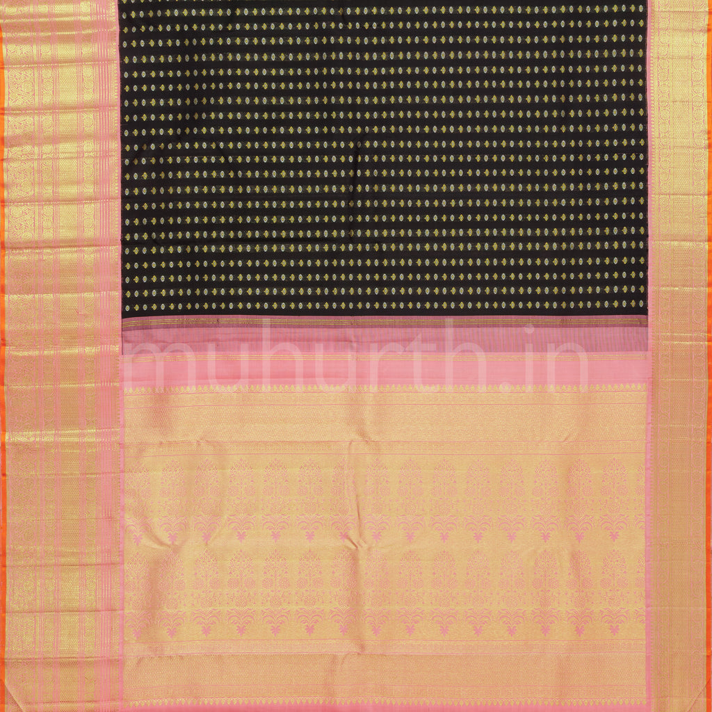 Black Pure Kanjivaram Silk Saree with Peach