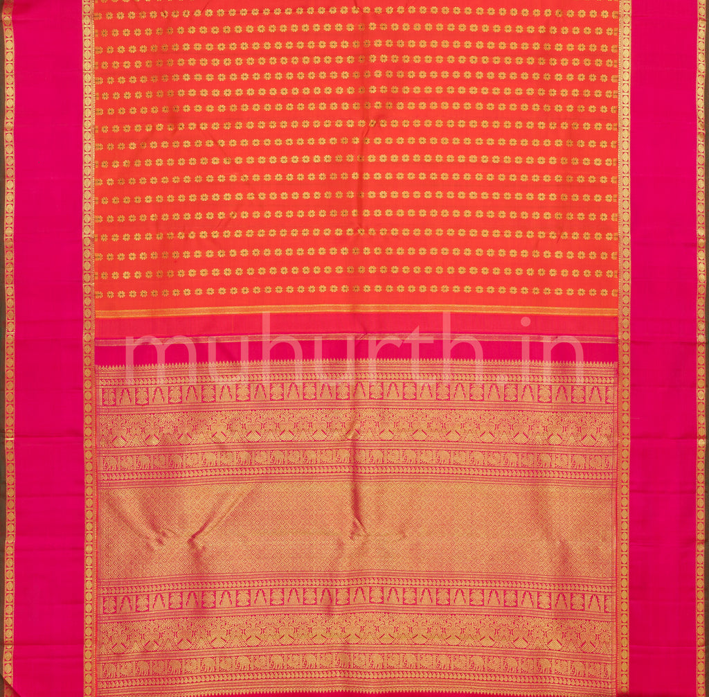 Orange Pure Zari Kanjivaram Silk Saree with Rose