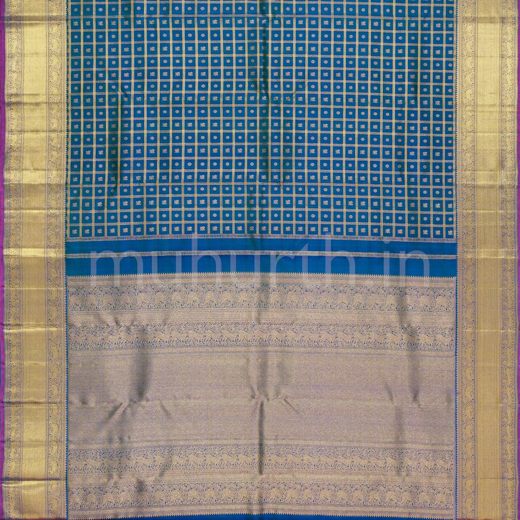 Peacock Blue Muthu-Kattam Pure Zari Kanjivaram Silk Saree