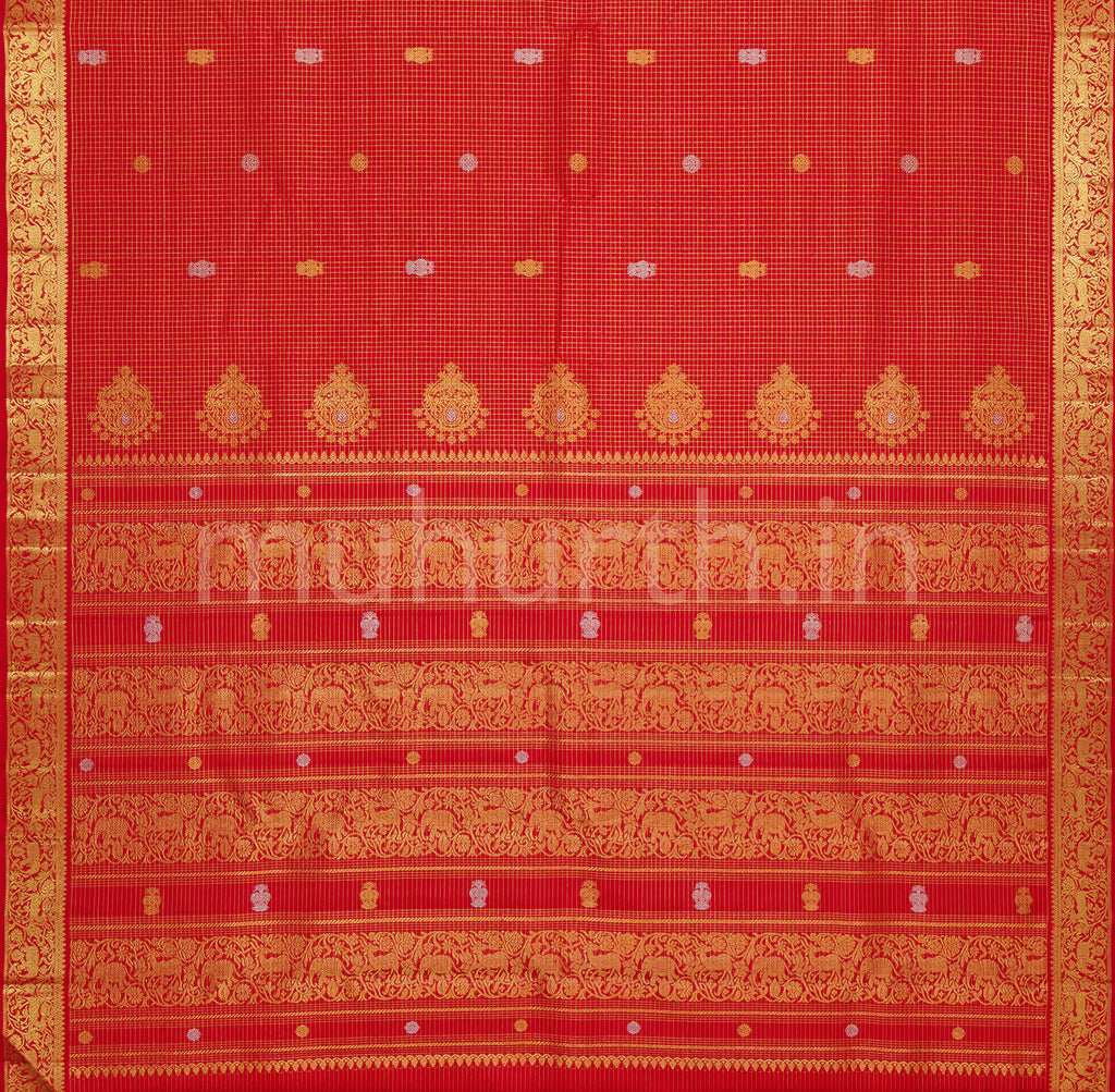 Bright Red Oosi-Kattam Pure Kanjivaram Silk Saree