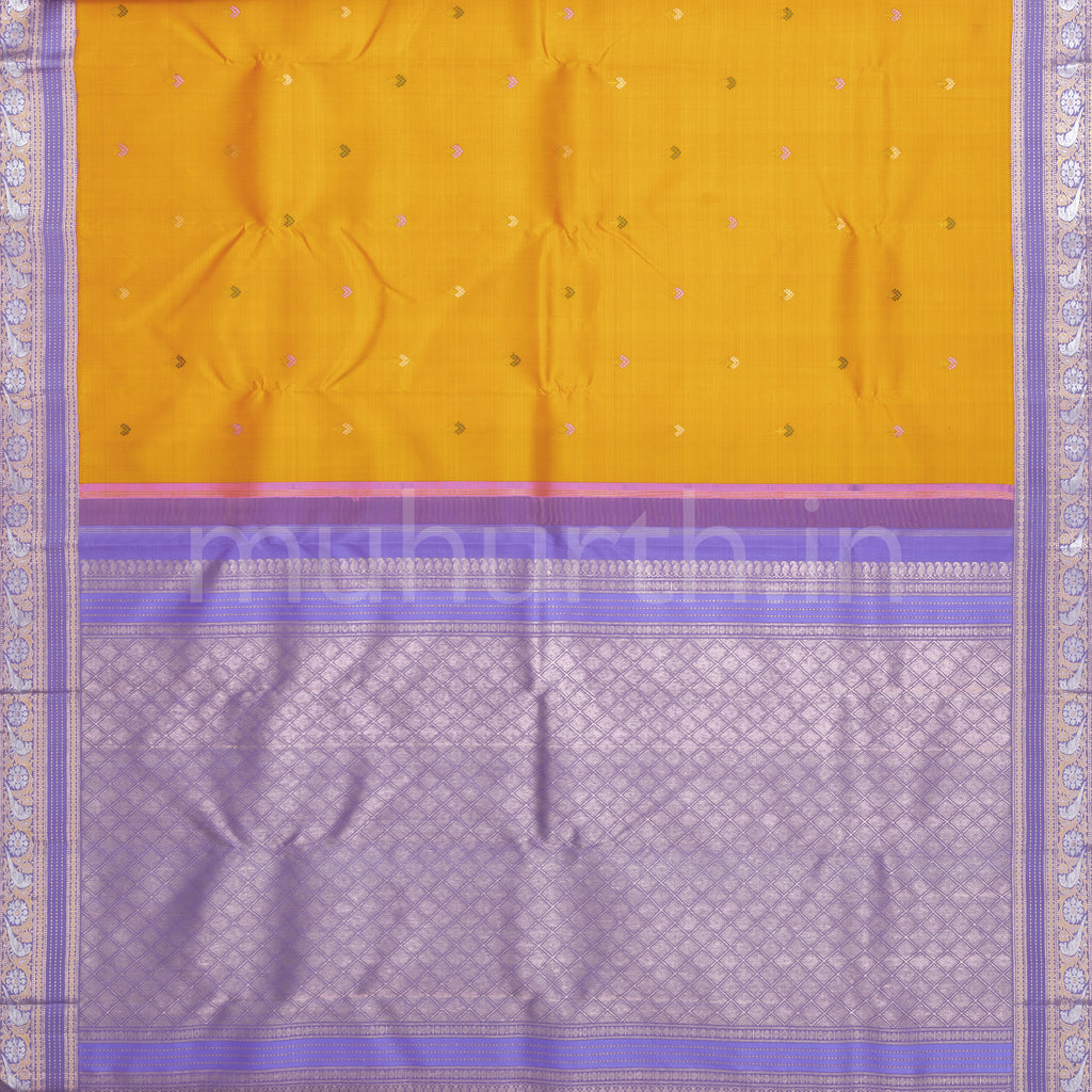 Mango Yellow Pure Kanjivaram Silk Saree with Lavender