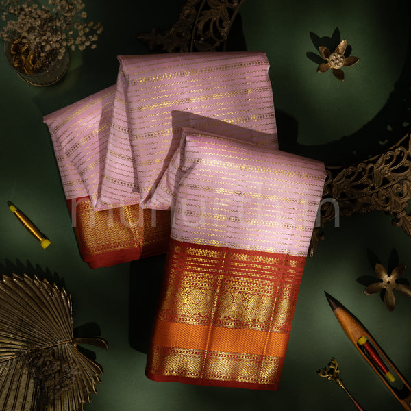 Peach Veldhari Pure Kanjivaram Silk Saree with Red