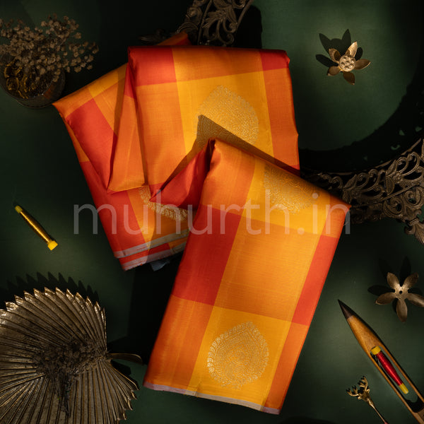 Mango Yellow Pure Kanjivaram Silk Saree with Red