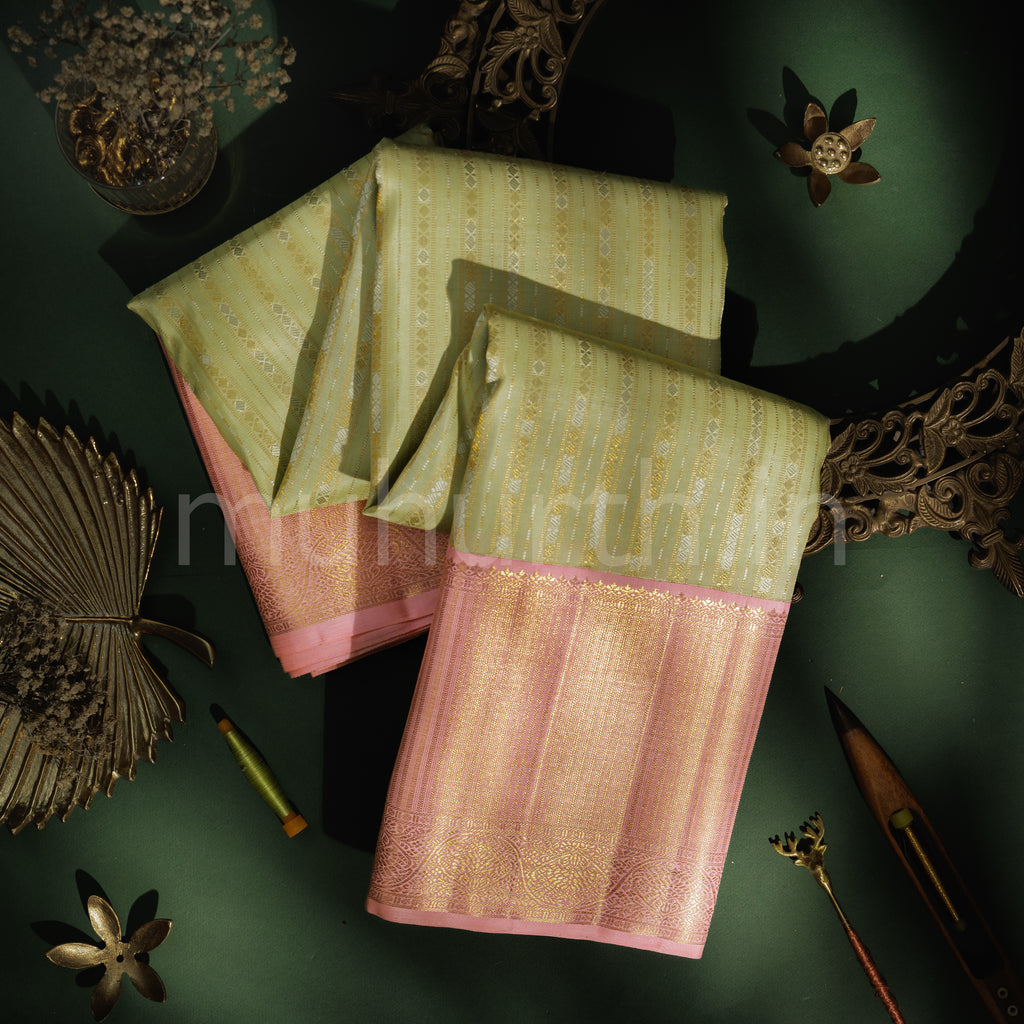 Light Elaichi Pure Kanjivaram Silk Saree with Peach