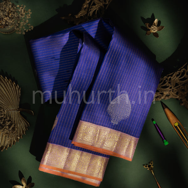 Violet Vari Stripes Pure Kanjivaram Silk Saree with Lavender