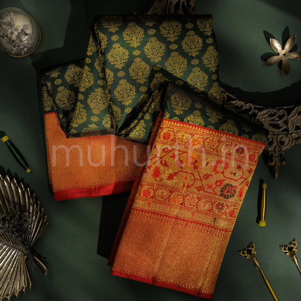 Deep Green Meenakari Luxury Kanjivaram Silk Saree with Red