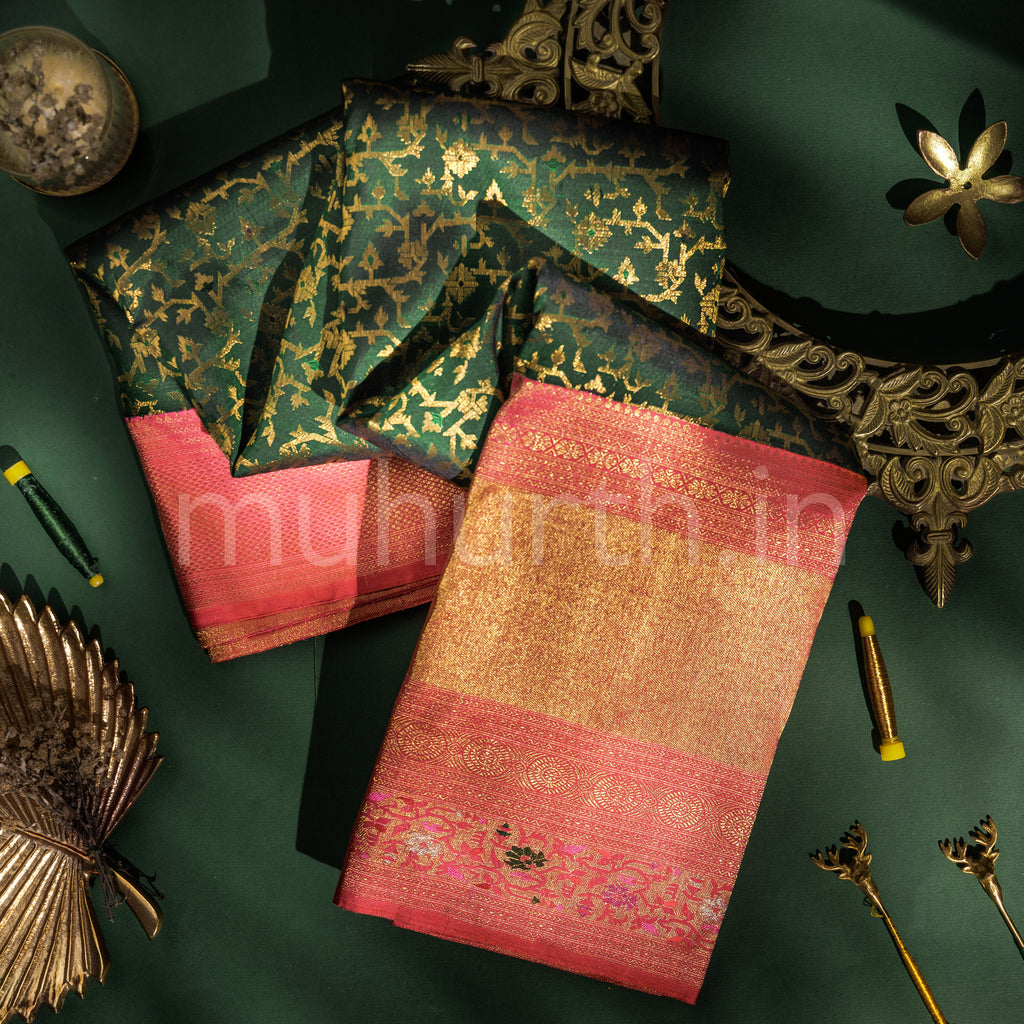 Deep Green Meenakari Luxury Kanjivaram Silk Saree with Red & Rose