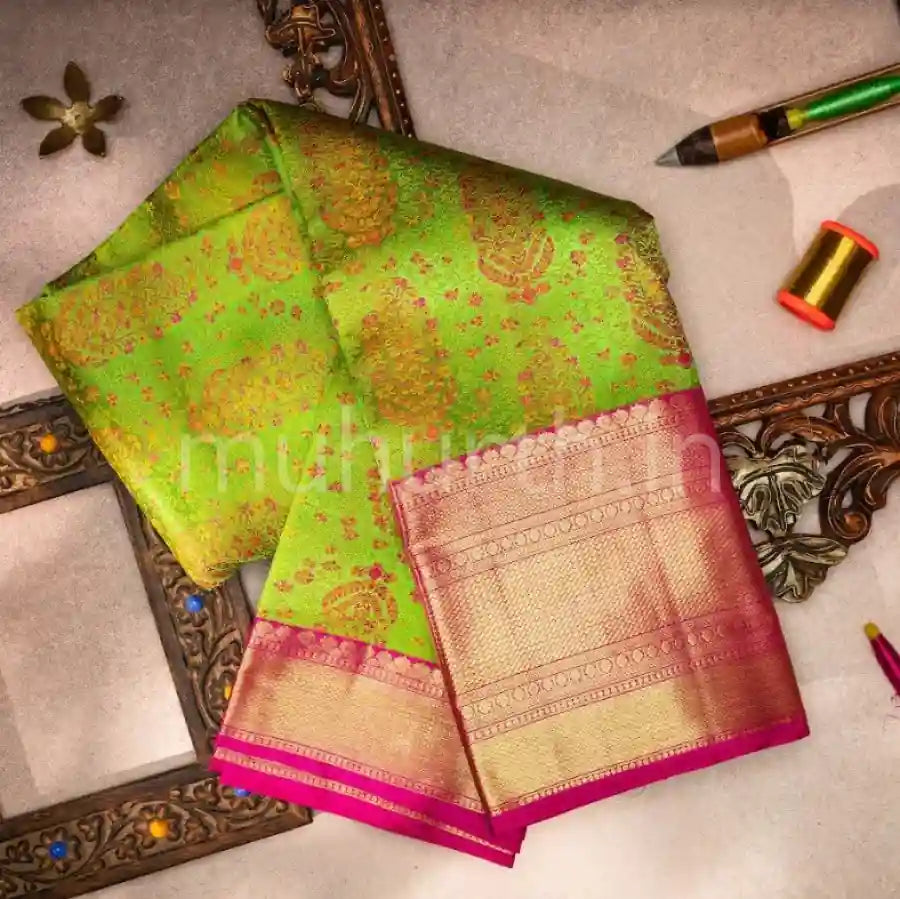 Kanjivaram Light Green Silk Saree with Rose