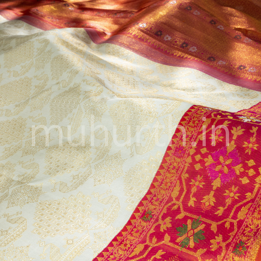 Off-White Kanjivaram Silk Saree with Coral Pink