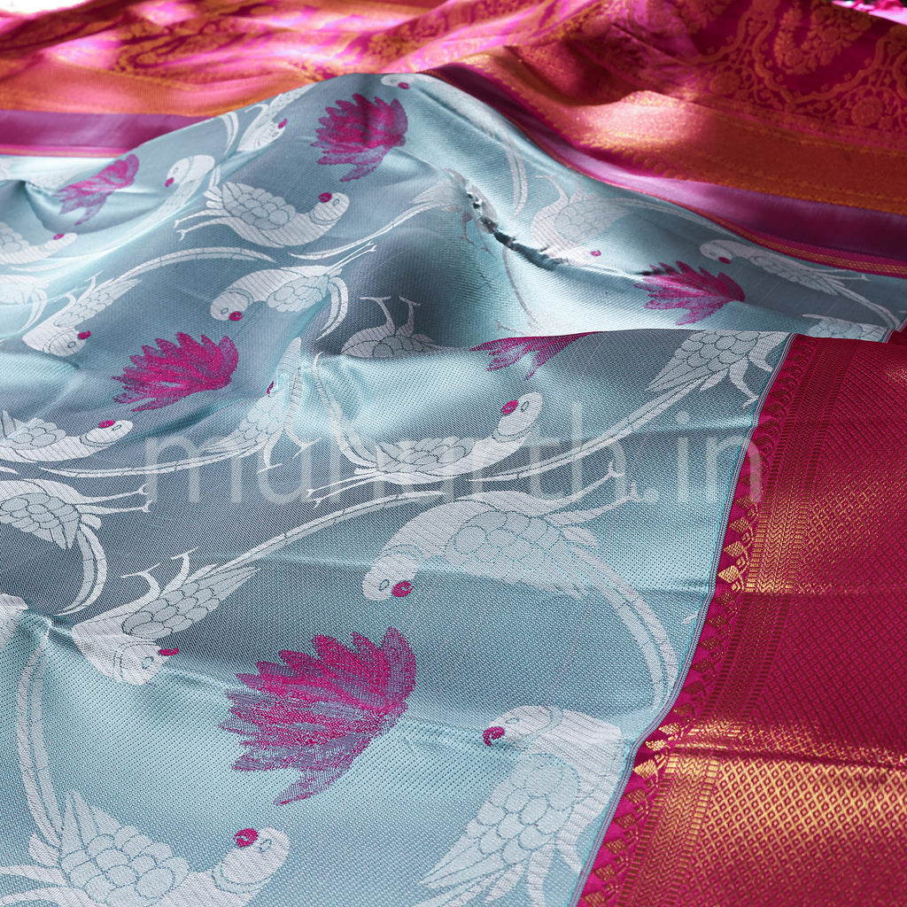 Fresh Blue Kanjivaram Silk Saree with Magenta