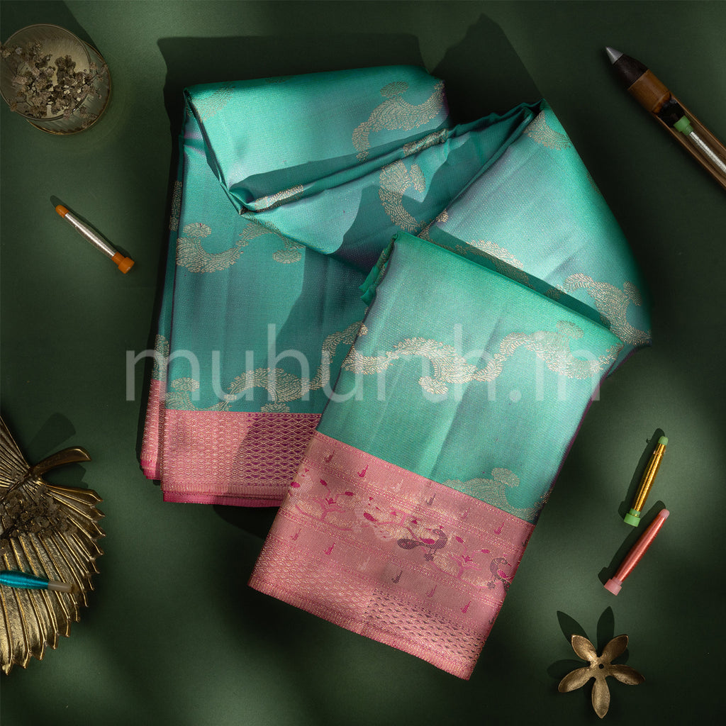 Kanjivaram Sea Green Silk Saree with Pink