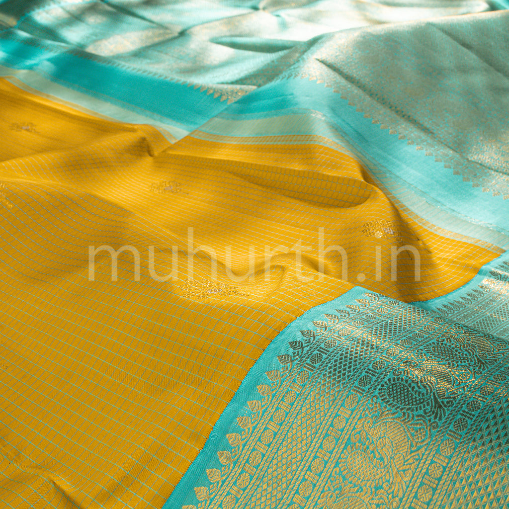 Golden Mustard Kanjivaram Silk Saree with Ananda Blue