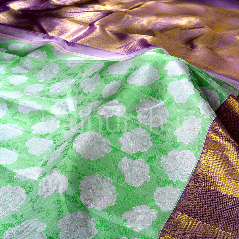 Kanjivaram Light Tiratchai Green Silk Saree with Majenta