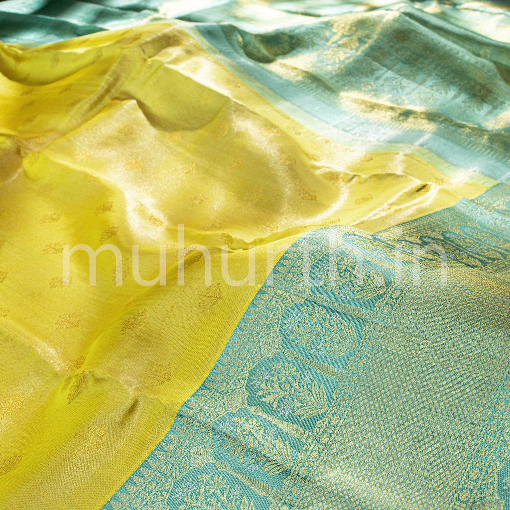 Golden Yellow Kanjivaram Silk Saree with Sea Green