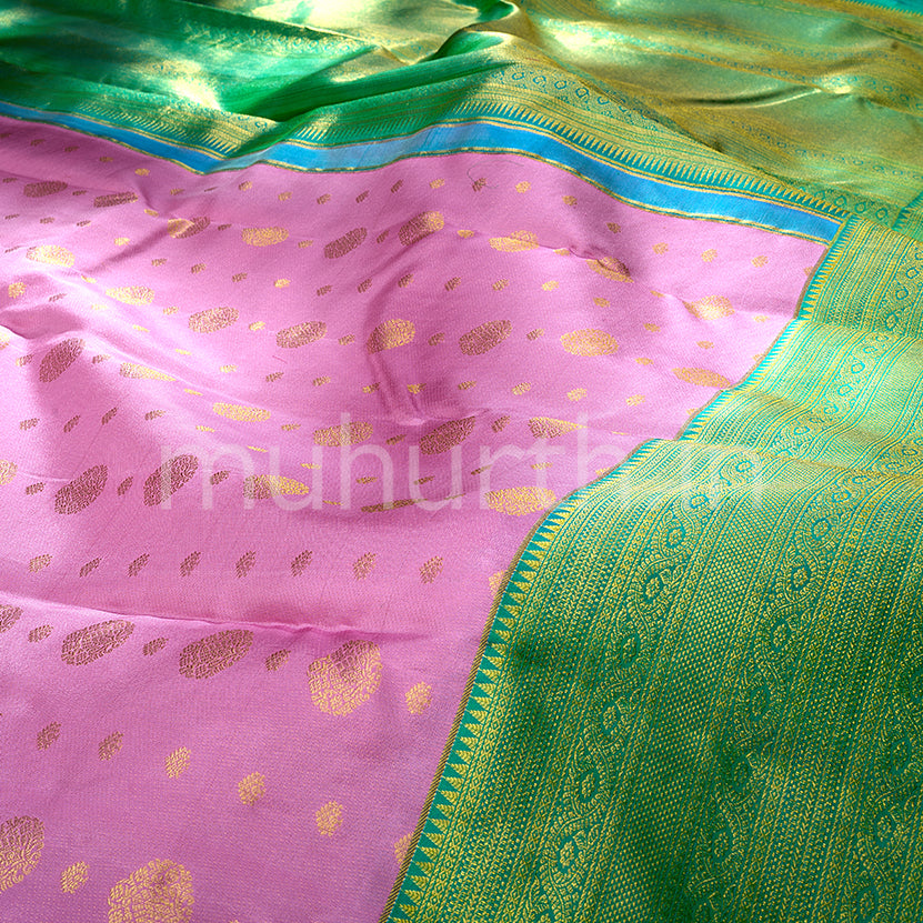 Kanjivaram Light Pink Silk Saree with Light Tiratchai Green