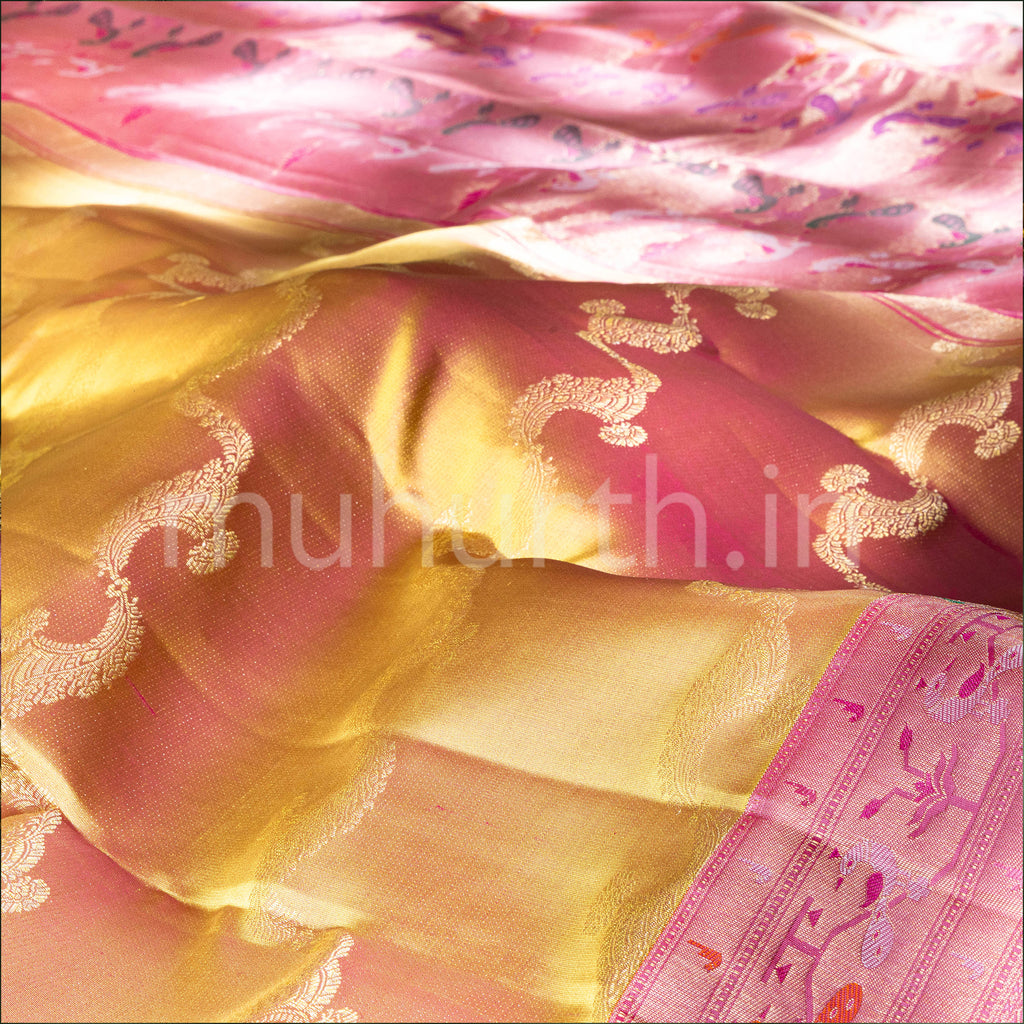 Kanjivaram Sampanga Mustard Silk Saree with Pink