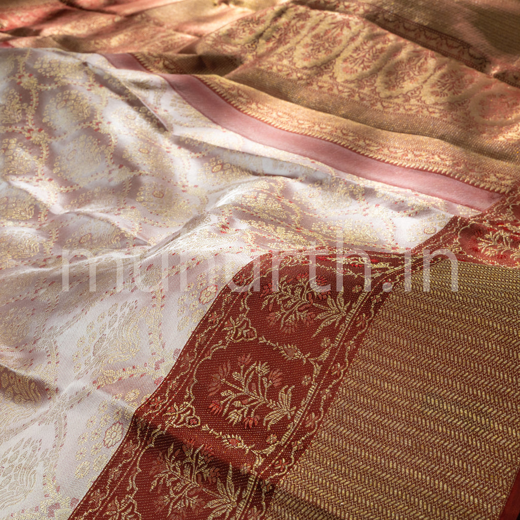 Apricot Pink Kanjivaram Silk Saree with Brown