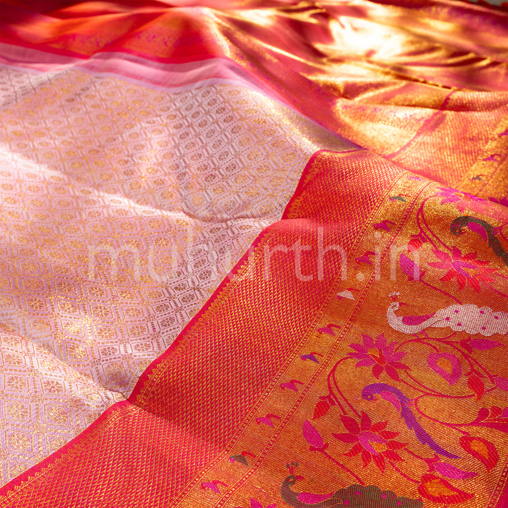 Pastel Pink Kanjivaram Silk Saree with Rose