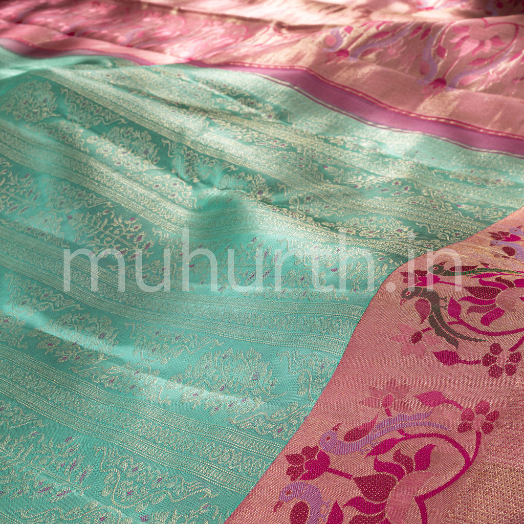 Sea Green Kanjivaram Silk Saree with Pink