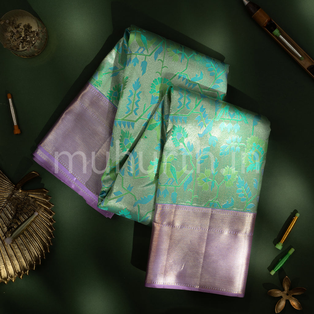 Kanjivaram Sea Green Silk Saree with Lavender