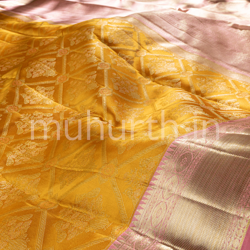 Mambazham Yellow Kanjivaram Silk Saree with Pink