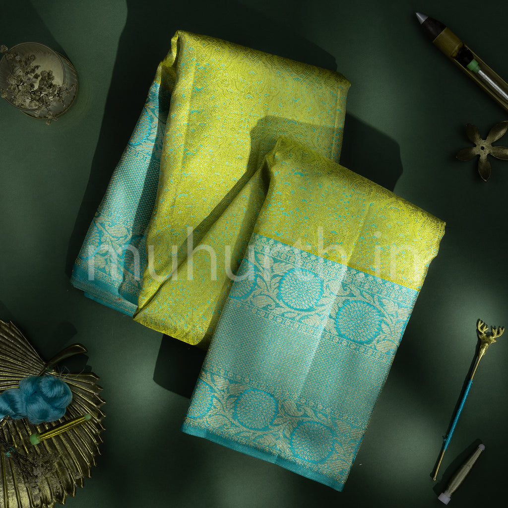 Sampanga Yellow Kanjivaram Silk Saree with Sea Green