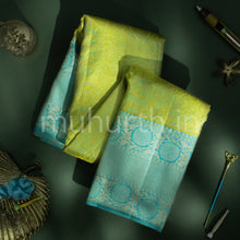 Load image into Gallery viewer, Sampanga Yellow Kanjivaram Silk Saree with Sea Green